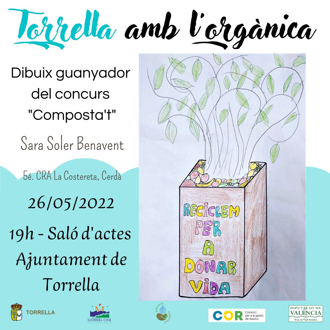MancoCostera's tweet photo. 🌱 Demà dia 26, l'equip tècnic d'#EducacacióAmbiental, donarà una xarrada informativa a #Torrella sobre la fracció orgànica i compostaje.
🎨 El dibuix guanyador d'aquest cartell 👇 és de la xiqueta Sara Soler de 5é. del CRA La Costereta del municipi de #Cerdà. https://t.co/5DSVHaGeuU