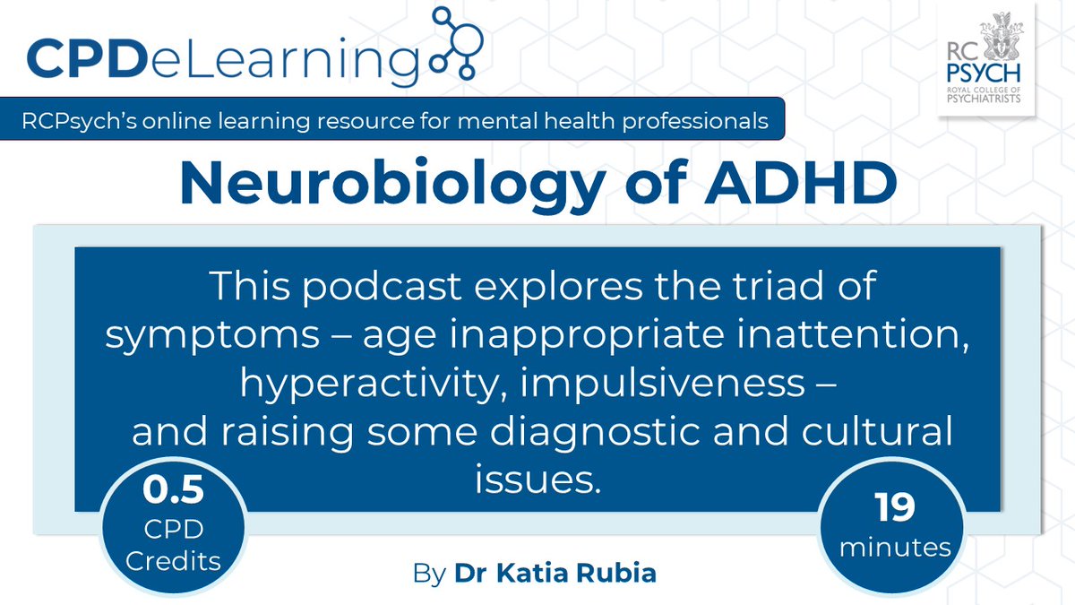 rcpsych_eLearn's tweet photo. Attending @rcpsychSE Spring Conference?
Shortly, discussion turns to #ADHD. @rcpsych #CPDeLearning #podcast '#Neurobiology of ADHD' #explores #braindevelopment and the #neurobiological implications of #ADHD.
🎧➡️ https://t.co/PG8H0DZcs5
#CPDCredits #commute #onlinelearning https://t.co/laliQm6TQy