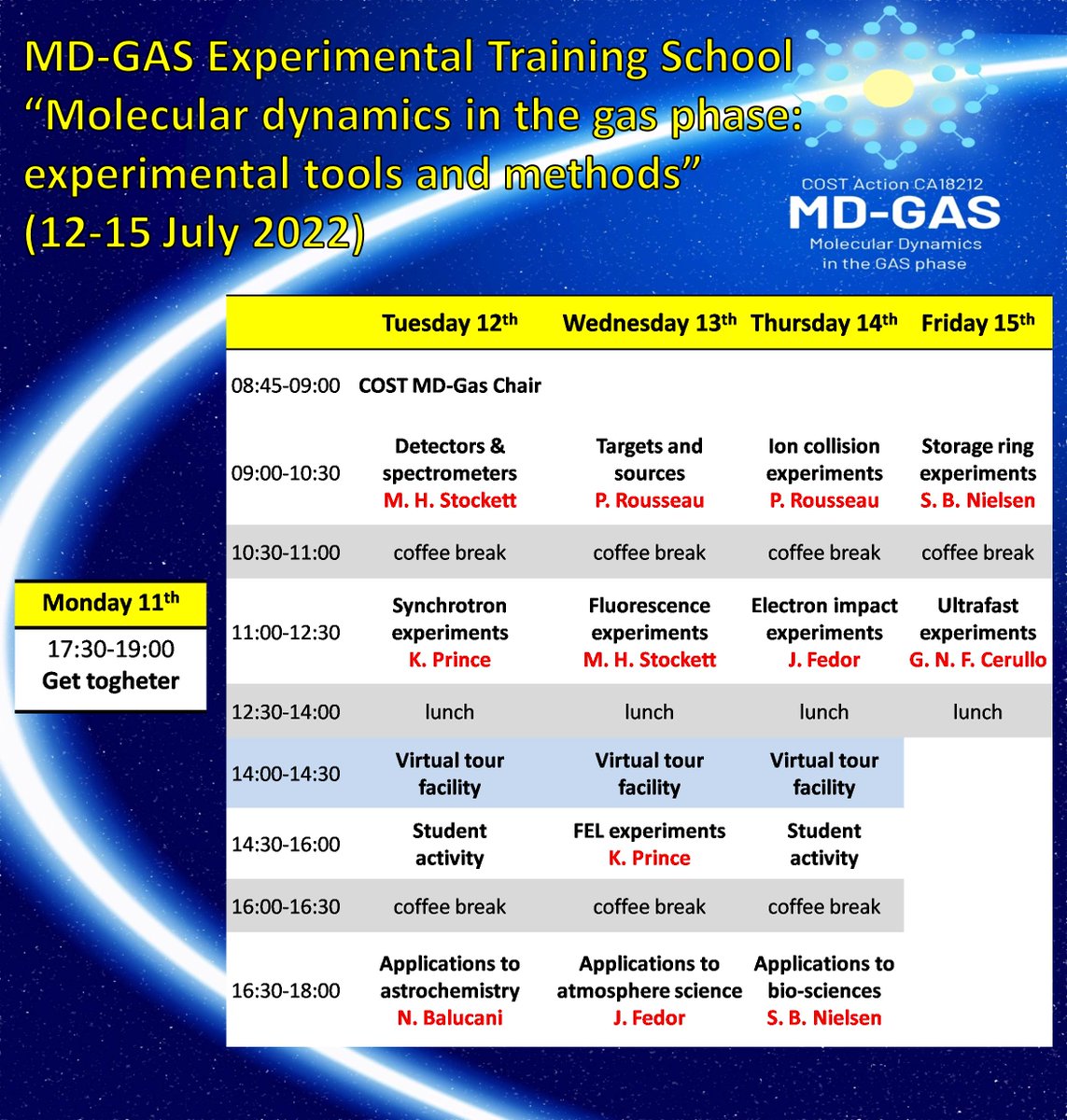 CostGas's tweet photo. The deadline for registration to #MDGAS #COSTAction #SummerSchool #MolecularDynamics in #GasPhase is approaching (May 31st)! You can see the programme below.
To register, visit the MD-GAS Web page ⬇️
https://t.co/dfPWCj3YdY
@COSTprogramme @CNR_ISM https://t.co/GALo4H3xKy