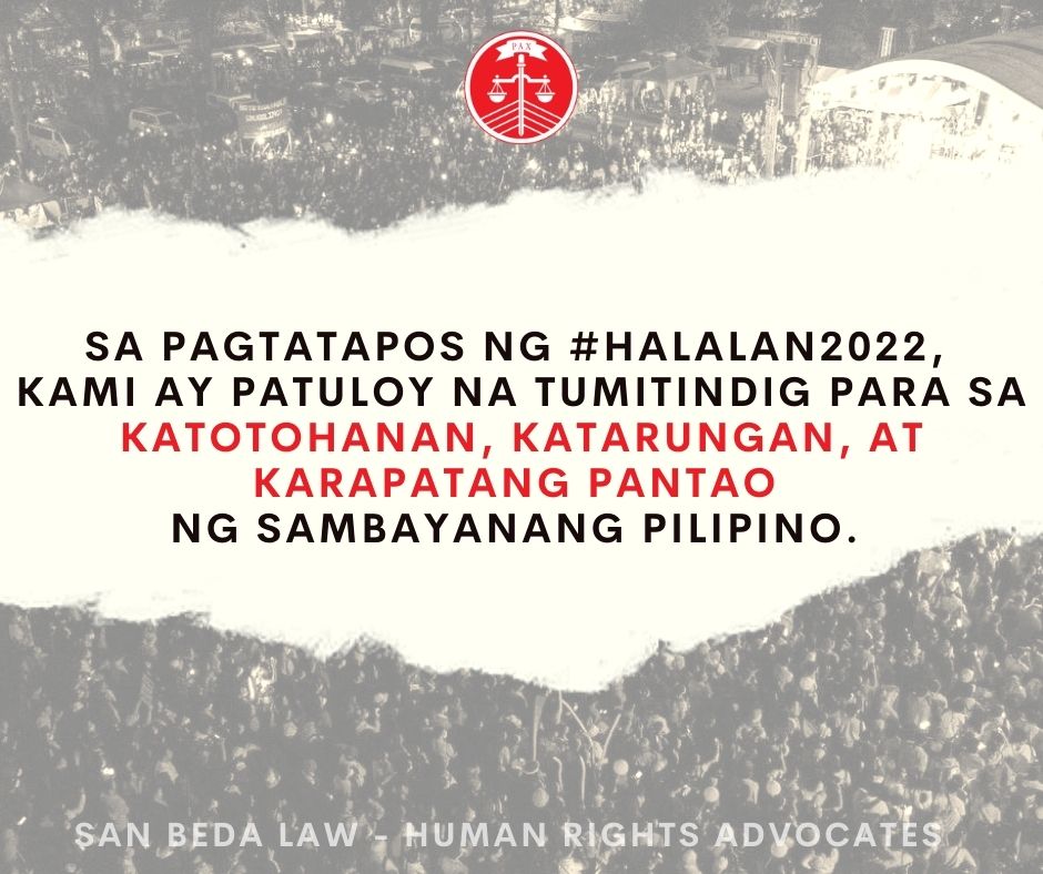 PAHAYAG NG SAN BEDA LAW - HUMAN RIGHTS ADVOCATES UKOL SA #Halalan2022 

#COMELECPanagutin
#NeverAgain
#NoToRedtagging