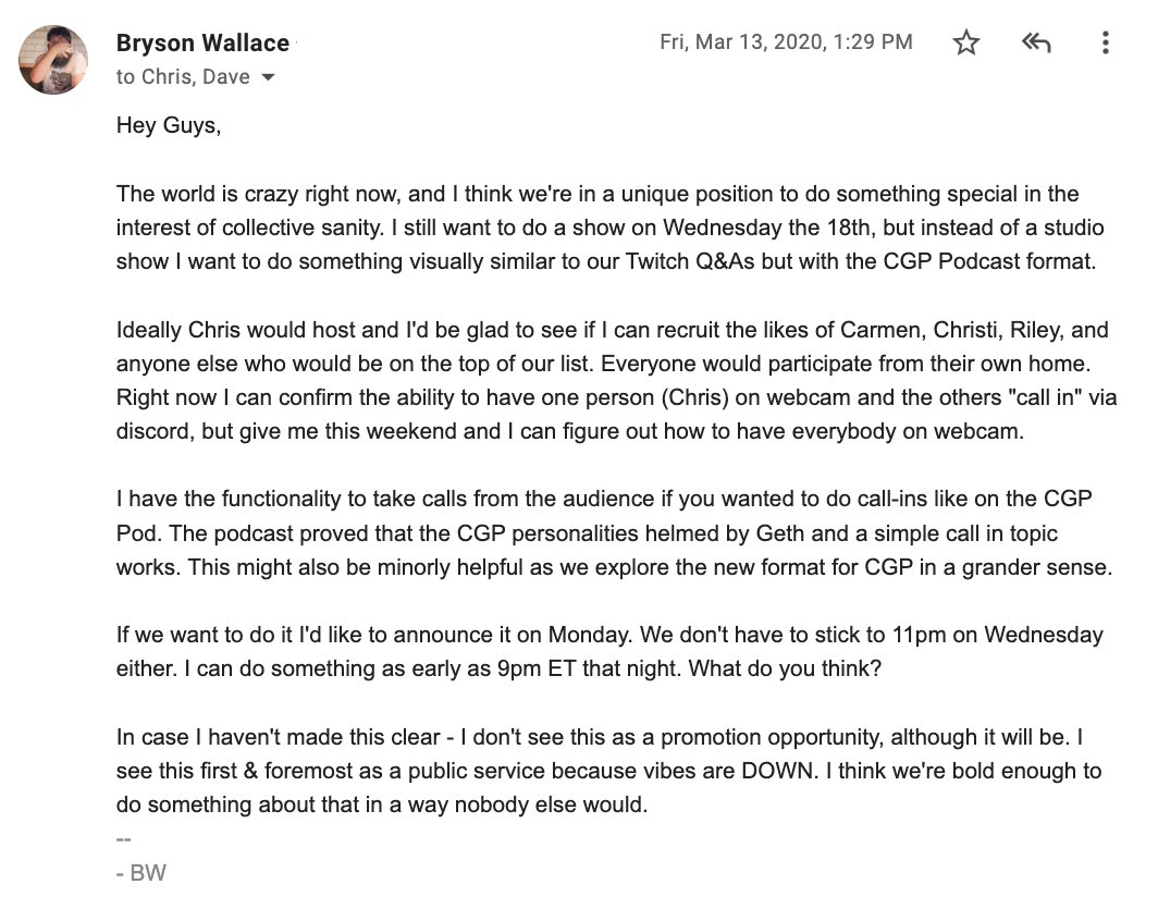 UncleBryson's tweet photo. 3/13/2020: Not wanting the momentum we had built with the #CGPMNN project to go to waste, I send a pitch to @ChrisGethard & @Daveszarejko https://t.co/AvzS1MhBLY