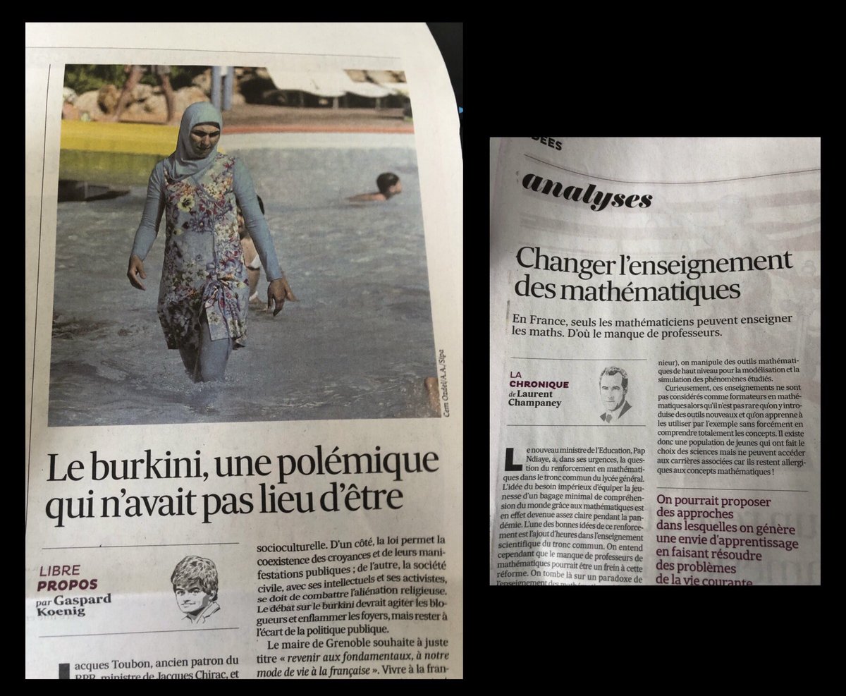 2020Censure's tweet photo. Saluons 2 excellentes tribunes dans @LesEchos ce mercredi. Le bon sens en mots. Ne reste plus qu’à le mettre en action. #burkini #Maths https://t.co/NRTMdifpGj