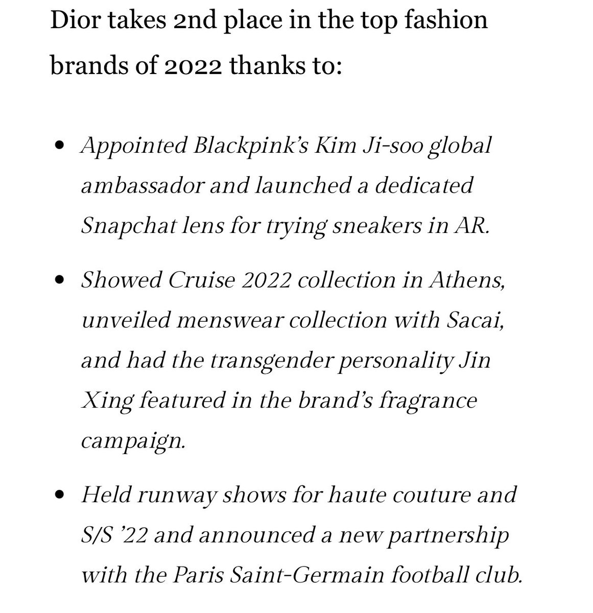 NEWSJISOO's tweet photo. Top Fashion Brands In The World In 2022 (30 Most Valuable &amp; Popular):

#2 - DIOR: “Appointed Blackpink’s Kim Ji-soo global ambassador (…)”
🔗 https://t.co/qmYeuxh6k9

#JISOO #지수 #블랙핑크지수 https://t.co/sGqMjNnSFp