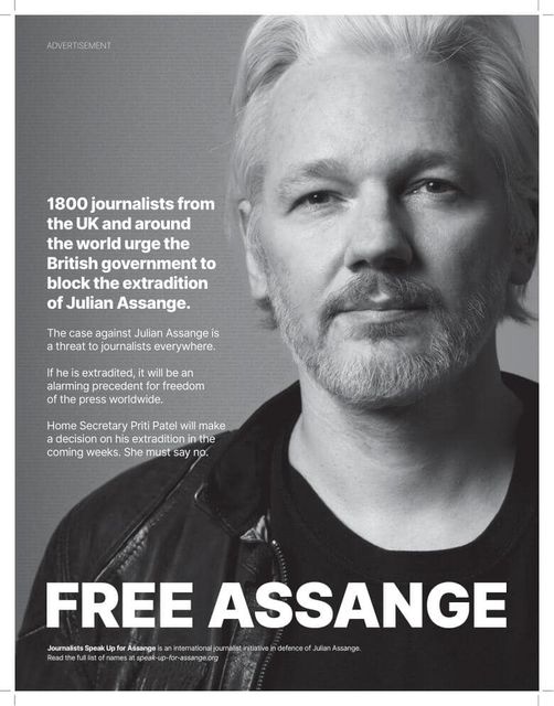 NUJ_LFB's tweet image. Signed and shared. Full page ad in yesterday's @guardian: >1800 signatures from 107 countries urging the British government to block the extradition of Julian Assange. ow.ly/iY1J50JhoGP #JournalistsSpeakUpForAssange