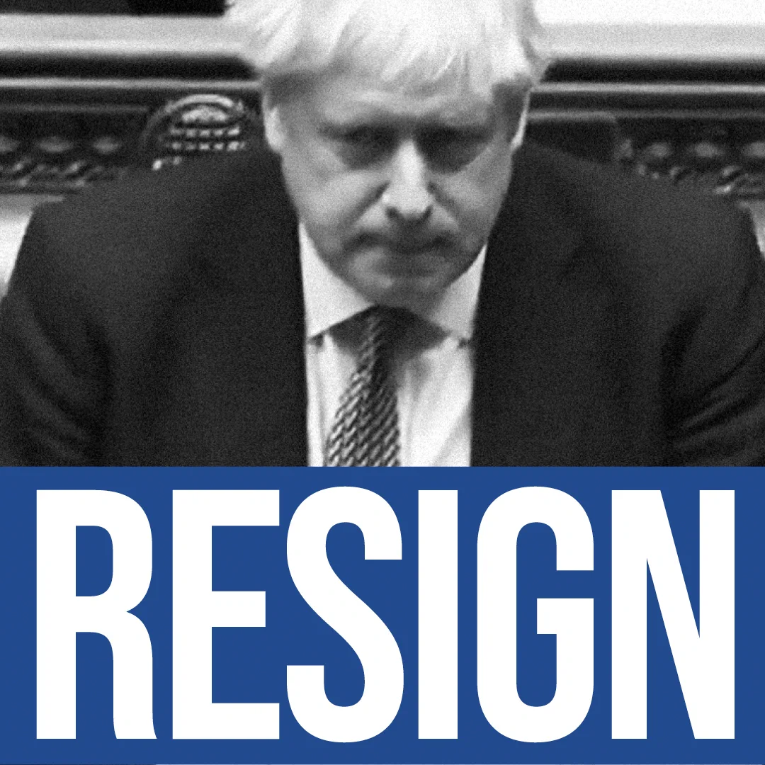 A black and white photo of Boris Johnson with blue and white text reading: Resign