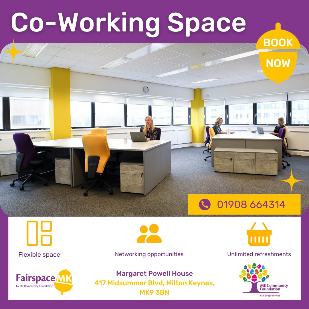 MKComFoundation's tweet photo. Need inspiration from a fresh setting? 

💜 Fairspace 💛

Desk Hire 💻

Conference Rooms 📊

Co-Working Space 🤝

You'll find a range of flexible rooms and packages available for you and your business!

Find out more: https://t.co/nBem0d9FgA

#FundingFairness #LoveMK #Fairspace https://t.co/OIjoR4HgfU