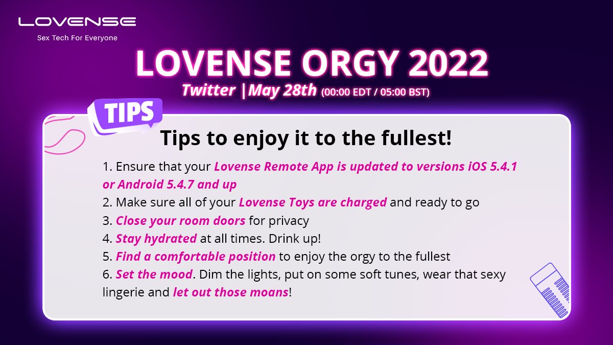 Lovense's tweet photo. Don’t forget to check out these tips on how you can enjoy our #LovenseOrgy to the fullest! Which Lovense toy will you be participating with? Let us know in the comments!

Learn more about our iconic Lovense Orgy happening on 28 May: https://t.co/GtRQgMhzzC https://t.co/DpK09jHveN
