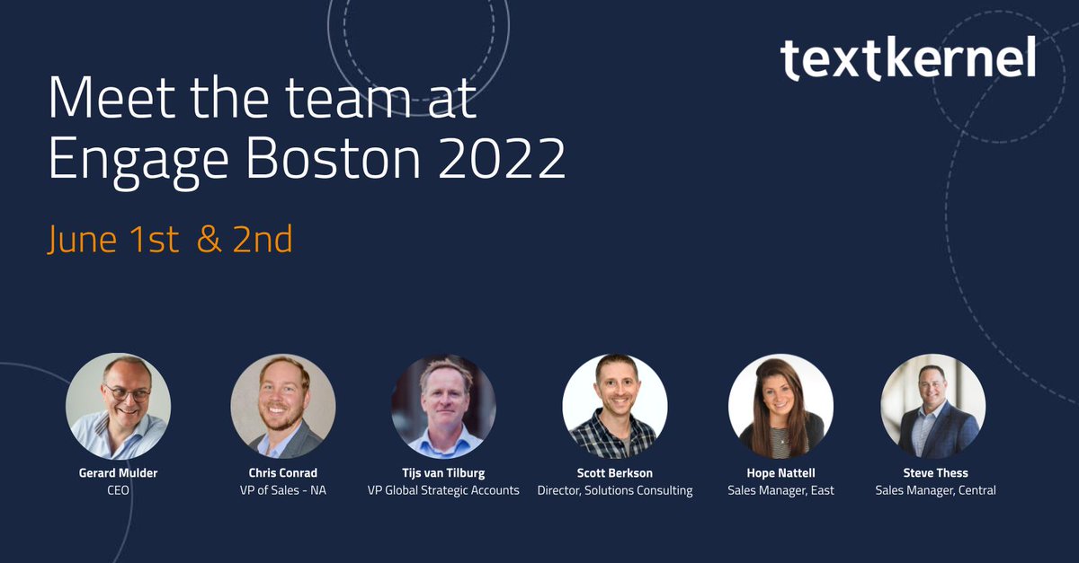 Textkernel's tweet photo. Our team is so excited to return to the Engage event, in Boston on June 1st and 2nd, 2022. Come by to chat and discover how to unlock true recruitment automation for your agency with Textkernel and Bullhorn.

Schedule a meeting with us: https://t.co/Ju6lJZ0WSp

#EngageBoston https://t.co/N2Uzcfq6An