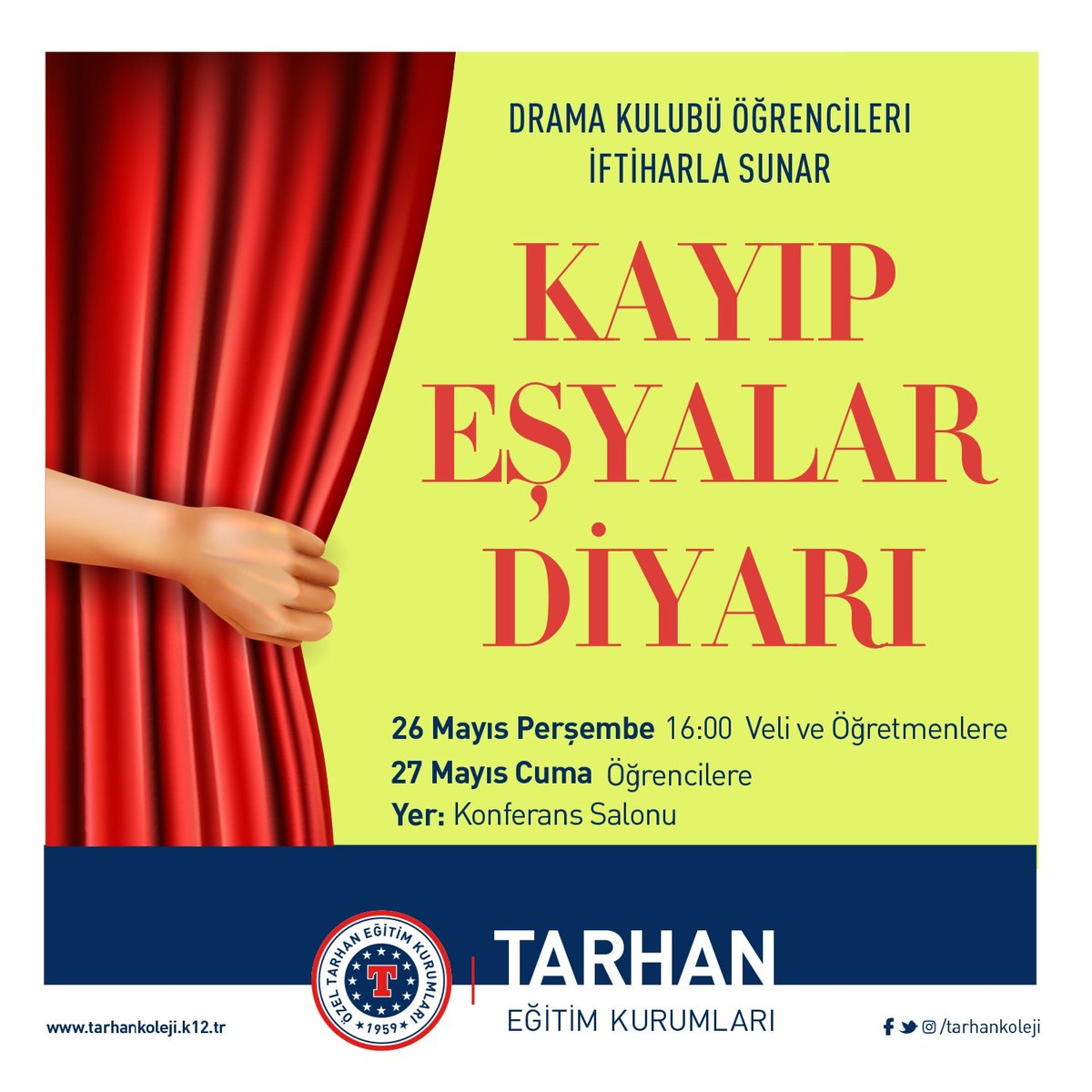 tarhankoleji's tweet image. 🎭İlkokul Tiyatro Gösterimi 

Kayıp Eşyalar Diyarı

📅 26 Mayıs 2022 Perşembe
🕓 16.00
👥 Öğretmenler ve Veliler 
📍 Konferans Salonu

#tarhankoleji #tarhandabugün #eğitimlegeçen63yıl #tiyatro