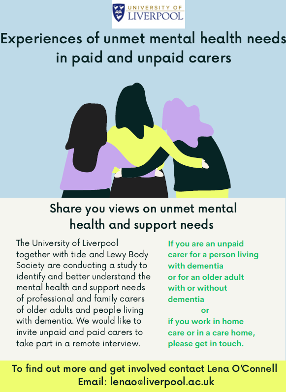 Dr Clarissa Giebel 🇪🇺 🇩🇪 (@clarissagiebel) on Twitter photo 📢 DO YOU work in a #carehome or in the home care sector? Are you an unpaid carer for an older person with or without #dementia?
We want to hear from you to take part in our <a href="/NIHRresearch/">National Institute for Health and Care Research</a> study into #mentalhealth needs!
Email: clarissa.giebel@liverpool.ac.uk ✉ 📢 DO YOU work in a #carehome or in the home care sector? Are you an unpaid carer for an older person with or without #dementia?
We want to hear from you to take part in our <a href="/NIHRresearch/">National Institute for Health and Care Research</a> study into #mentalhealth needs!
Email: clarissa.giebel@liverpool.ac.uk ✉