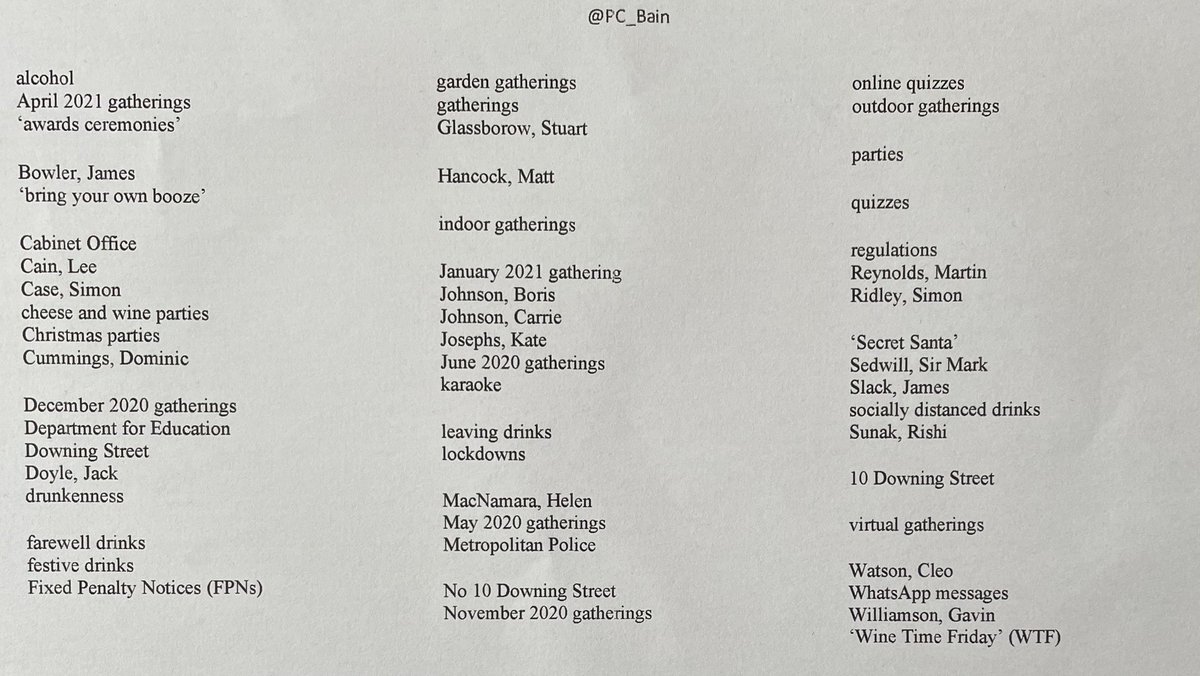 PC_Bain's tweet image. Some of the index entries to the Sue Gray Partygate Report, if I did one (or when I do it) – from alcohol to ‘Wine Time Friday’ (WTF).