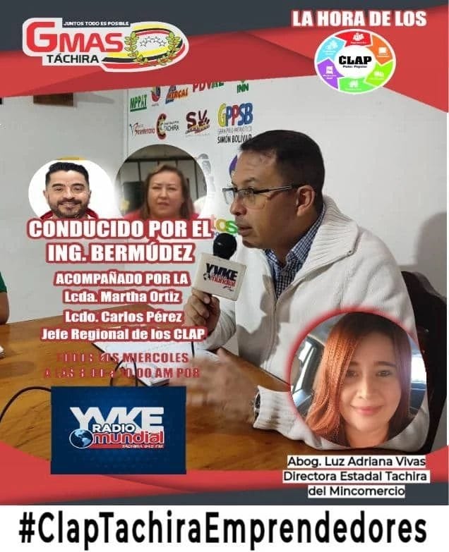 Hoy #25Mayo a  sintonizar a las 8am por la 94.5 FM <a href="/YvkeTachira/">Yvke Tachira</a> "La Hora de los Clap",con el Ing <a href="/BermudezJoseA/">Bermúdez José</a>,tendremos como invitada a la Directora de <a href="/MincomercioTach/">MincomercioNacTachira</a> la Abog. Luz Adriana Vivas.  #ClapTachiraEmprendedores 
<a href="/FreddyBernal/">Freddy Bernal</a> 
<a href="/Gob_Tachira/">Gobernación del estado Táchira</a> 
#soycomunicadorclap