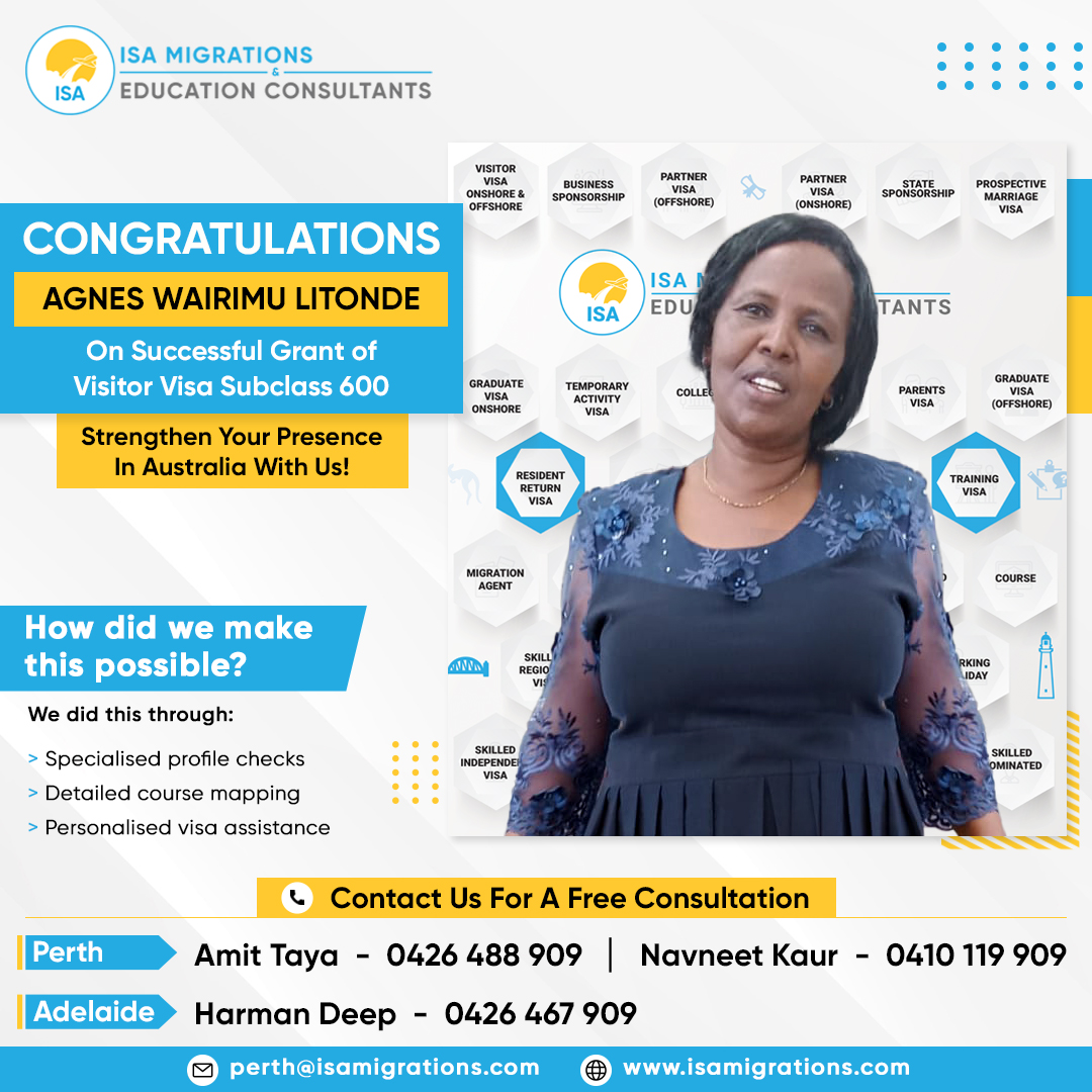 isamigrations's tweet image. 🎉Congratulations!!!

♦AGNES WAIRIMU LITONDE on Successful Grant of #VisitorVisa600♦

Thank you for choosing @isamigrations

Call us today to check your eligibility for #Visitorvisa 🇦🇺
☎️+61 426 488 909

#visa #Migration #immigration #visitorvisa #Australia #visitor