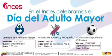 Hoy #25May celebramos el Día del Adulto Mayor

📌Jornada de Atención Médica 🩺💊
📌Jornada de Barbería y Peluquería 💇
📌Actividades Deportivas y Culturales ⚽️🧢 🎭

¡Te esperamos! 

#FórmateEnElInces #EstaEsLaNotaDeAhora 
<a href="/_LaAvanzadora/">Yelitze Santaella</a> <a href="/WuikelmanAngelP/">Wuikelman Angel P.</a>