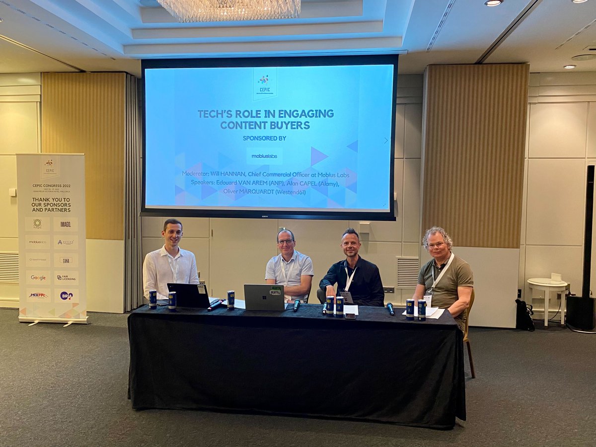 Mobius_Labs's tweet photo. Kicking-off the afternoon at #CEPICCongress with our very own #paneldiscussion on "Tech’s Role in Engaging Content Buyers" with our friends at @alamy @anp and @Westend61. Stop by greco conference room to watch it live 🚀@wfhannan https://t.co/MlvGMMTu9O