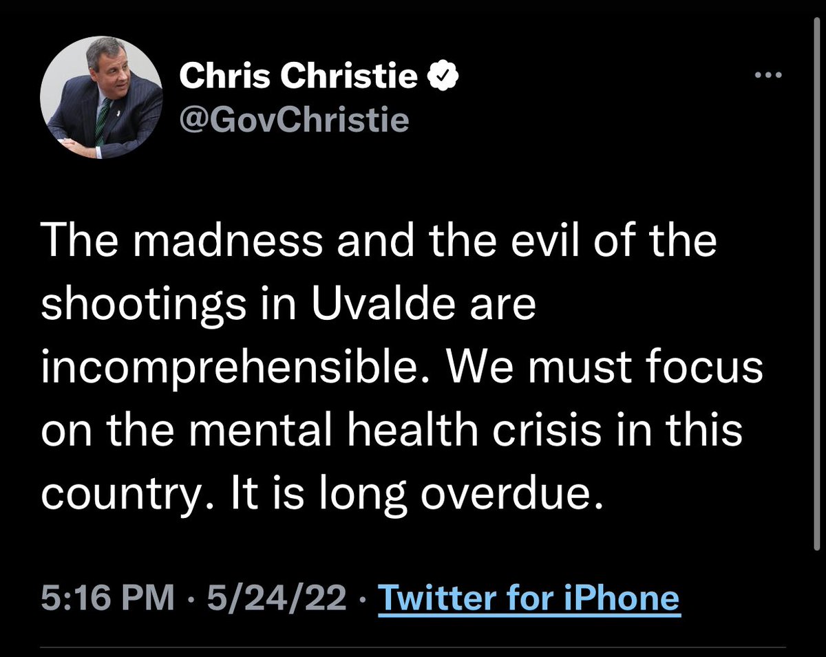 KeithOlbermann's tweet image. "The mental health crisis in this country" is insisting that weekly mass shootings have nothing to do with GUNS, @GovChristie