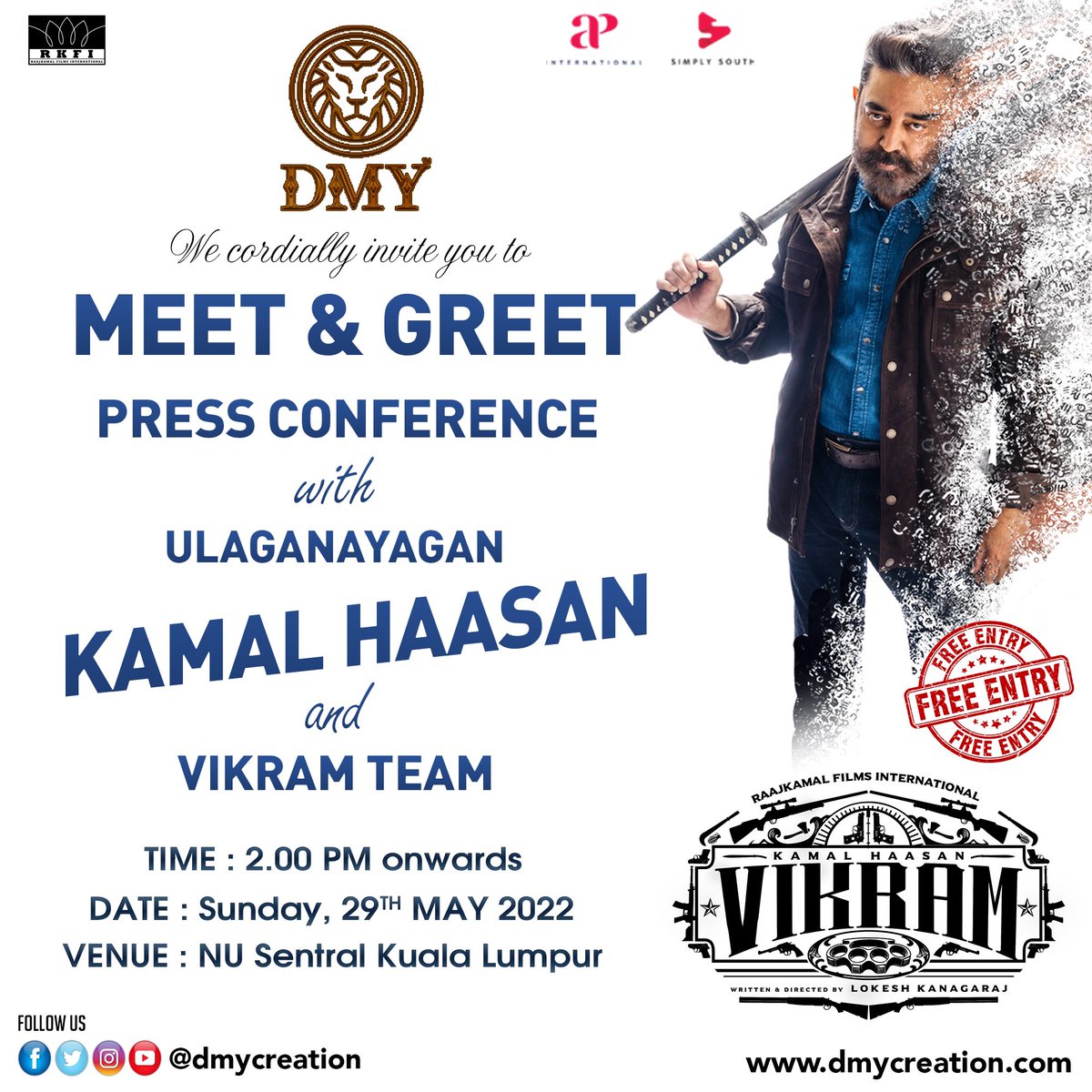 #AandavarInMalaysia 

We cordially invite you to Meet & Greet
Press Conference with Ulaganayagan Kamal Haasan and #Vikram  Team 🔥🎉

@ikamalhaasan @VijaySethuOffl @Dir_Lokesh #DMYCreation #DMYVikram #VikramInAction  #FilmViews #MVSFC