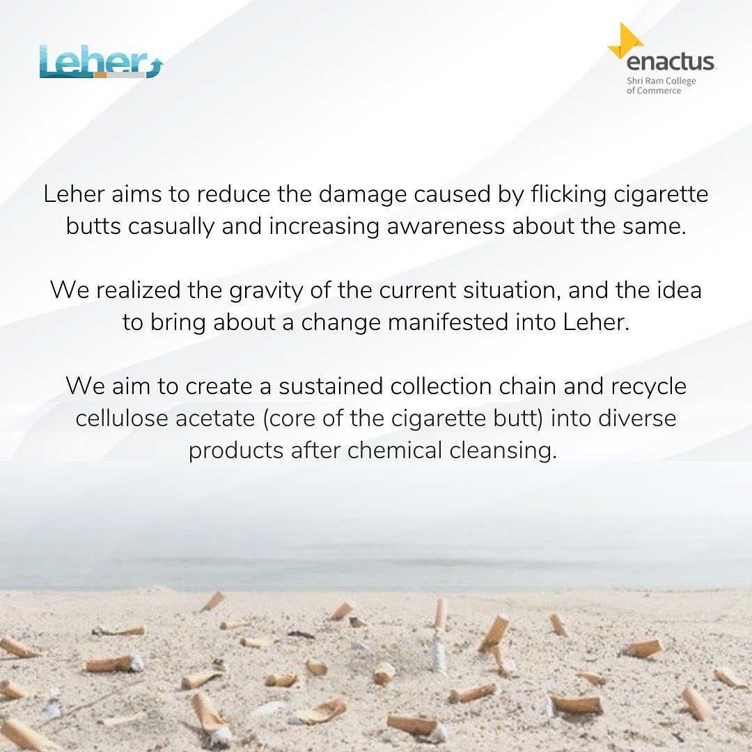 ProjectLeher's tweet photo. 1/2
Project Leher, meaning a wave, is an initiative by @EnactusSRCC to save our land, environment and oceans from the menace of the most littered item, the #cigarette butt. 

Together, we can, Save the World, One Butt at a time! 

#ClimateAction #oceans #plastic #environment https://t.co/aEGg6JdN1G