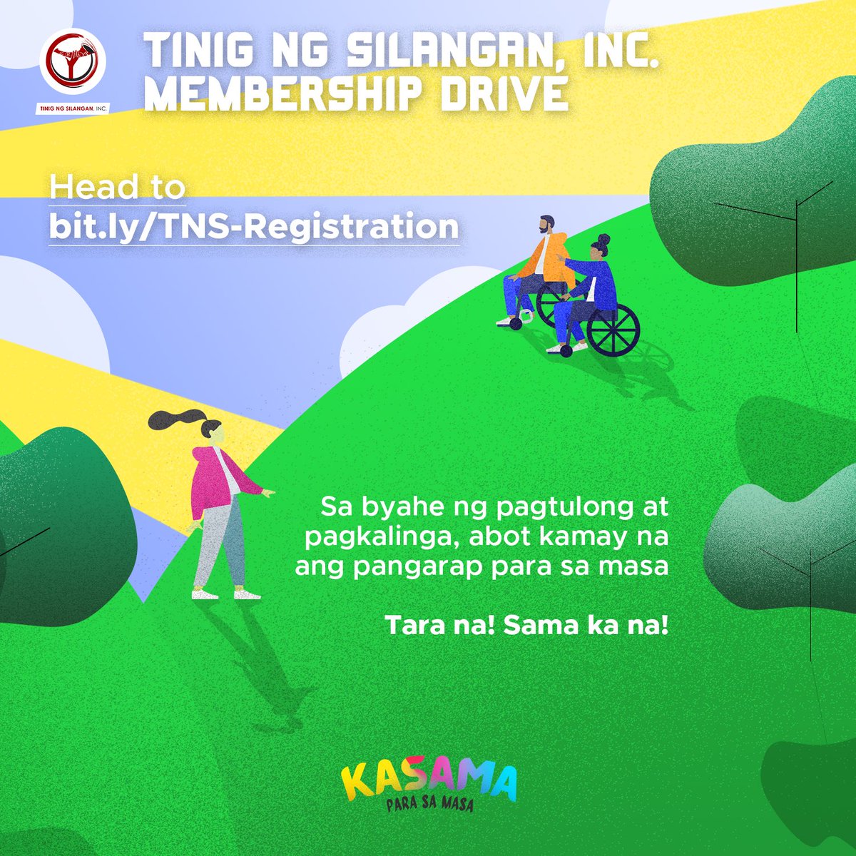 tnsincph's tweet photo. KASAMA: Para sa Masa
Be part of TNS, Inc.!

TNS, Inc. is conducting a MEMBERSHIP DRIVE to grow our family in serving the marginalized and underrepresented communities.

Abot-kamay ang pangarap para sa masa, kaya tara na't sumama sa biyahe ng pagtulong at pagkalinga! #TNSInc https://t.co/jHGNYGsIFB