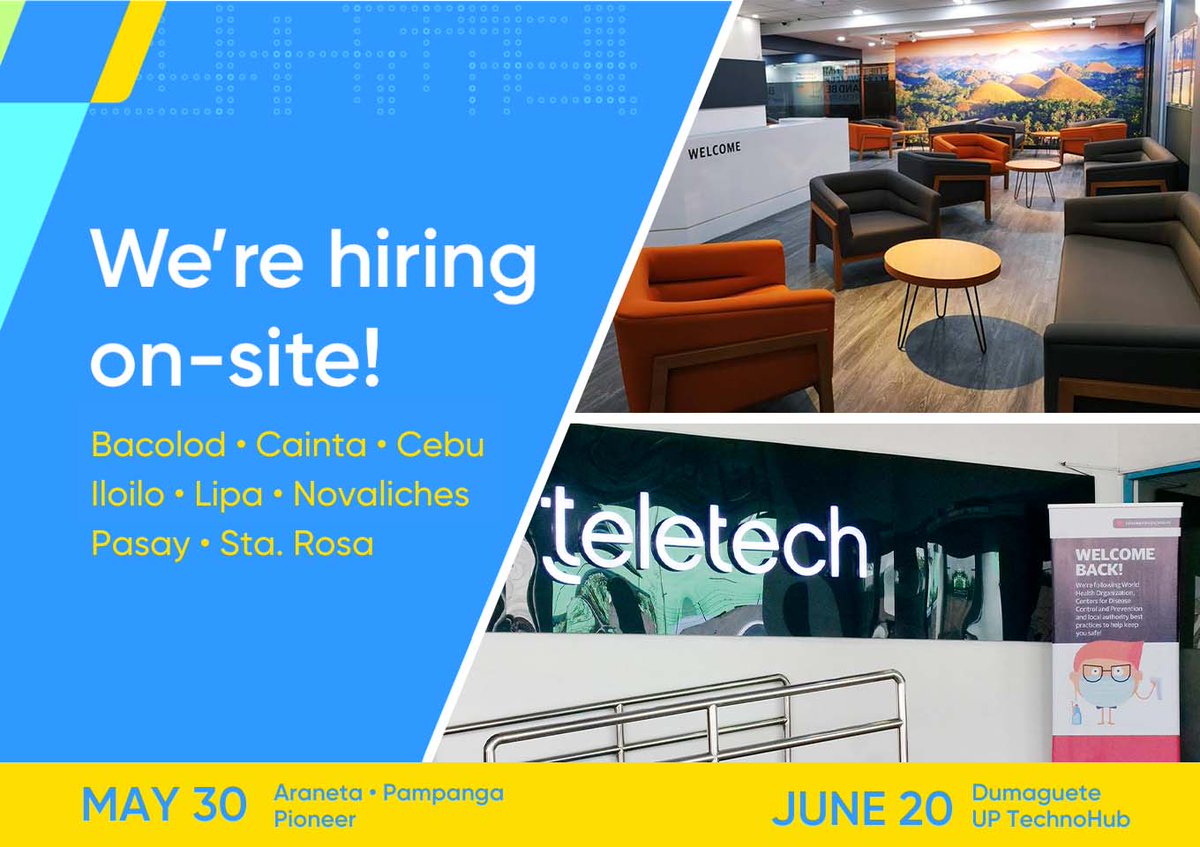 teletechlife's tweet image. Appy to TeleTech on-site! We&apos;re open on Mondays to Fridays, 9 a.m. to 5 p.m. PHT. Bring your 𝗿𝗲́𝘀𝘂𝗺𝗲́, 𝘃𝗮𝗹𝗶𝗱 𝗜𝗗 𝗮𝗻𝗱 𝗖𝗢𝗩𝗜𝗗-𝟭𝟵 𝘃𝗮𝗰𝗰𝗶𝗻𝗮𝘁𝗶𝗼𝗻 𝗰𝗮𝗿𝗱.

Up for grabs are sign-on bonuses and incentives!* #ExperienceTeleTech

*Terms and conditions apply
