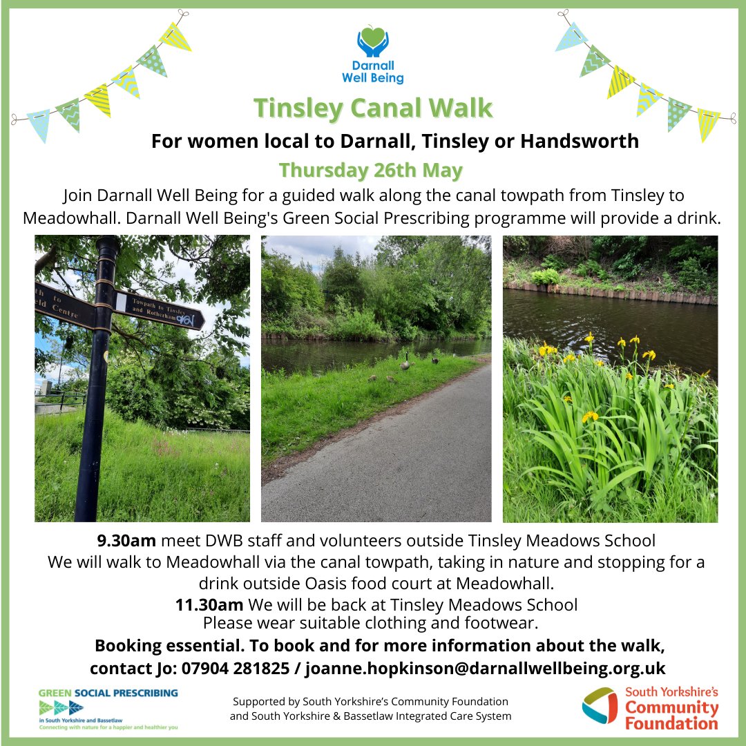 DarnallWB's tweet photo. Tomorrow - another one of our #GreenSocialPrescribing walks! Local women are welcome to join us to enjoy a walk by the canal from Tinsley to Meadowhall, taking in all the beautiful nature along the way. 💚
#MoveMore #SYCF https://t.co/NIOjoNqENS