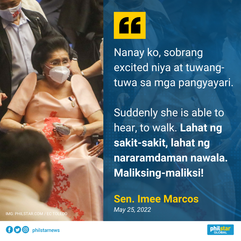 PhilstarNews's tweet photo. 'SOBRANG EXCITED AT TUWA NIYA'

Former first lady Imelda Marcos was full of joy and excitement before her son, President-elect Bongbong Marcos Jr. was proclaimed on Wednesday, her sister Sen. Imee Marcos shared. https://t.co/B8qDkoYq9f