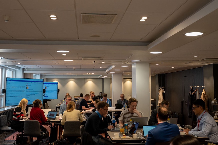 HybridCoE's tweet photo. The second day of Hybrid CoE's new #disinformation wargame concentrates on malicious information operations originating from #China. 
Intense atmosphere in the control cell. Exercising is an efficient way to learn how to counter disinformation in practice. #StratCom #wargaming https://t.co/7lncGC1Oac