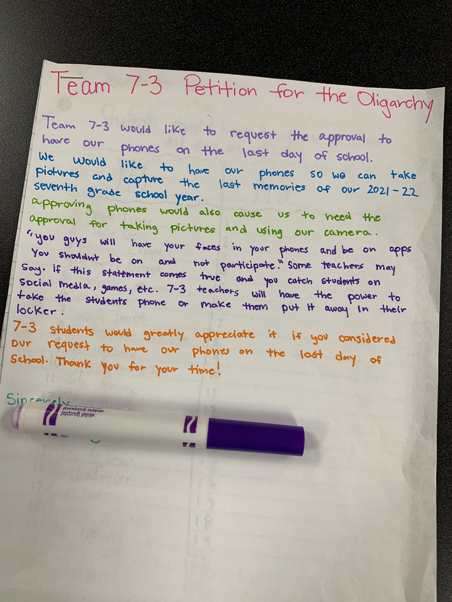 I don’t know what I am more proud of - the fact my students thought to write a petition or that they correctly identified our middle school team as an oligarchy with a small group of teachers in charge.  #winning #civics #marlowe158