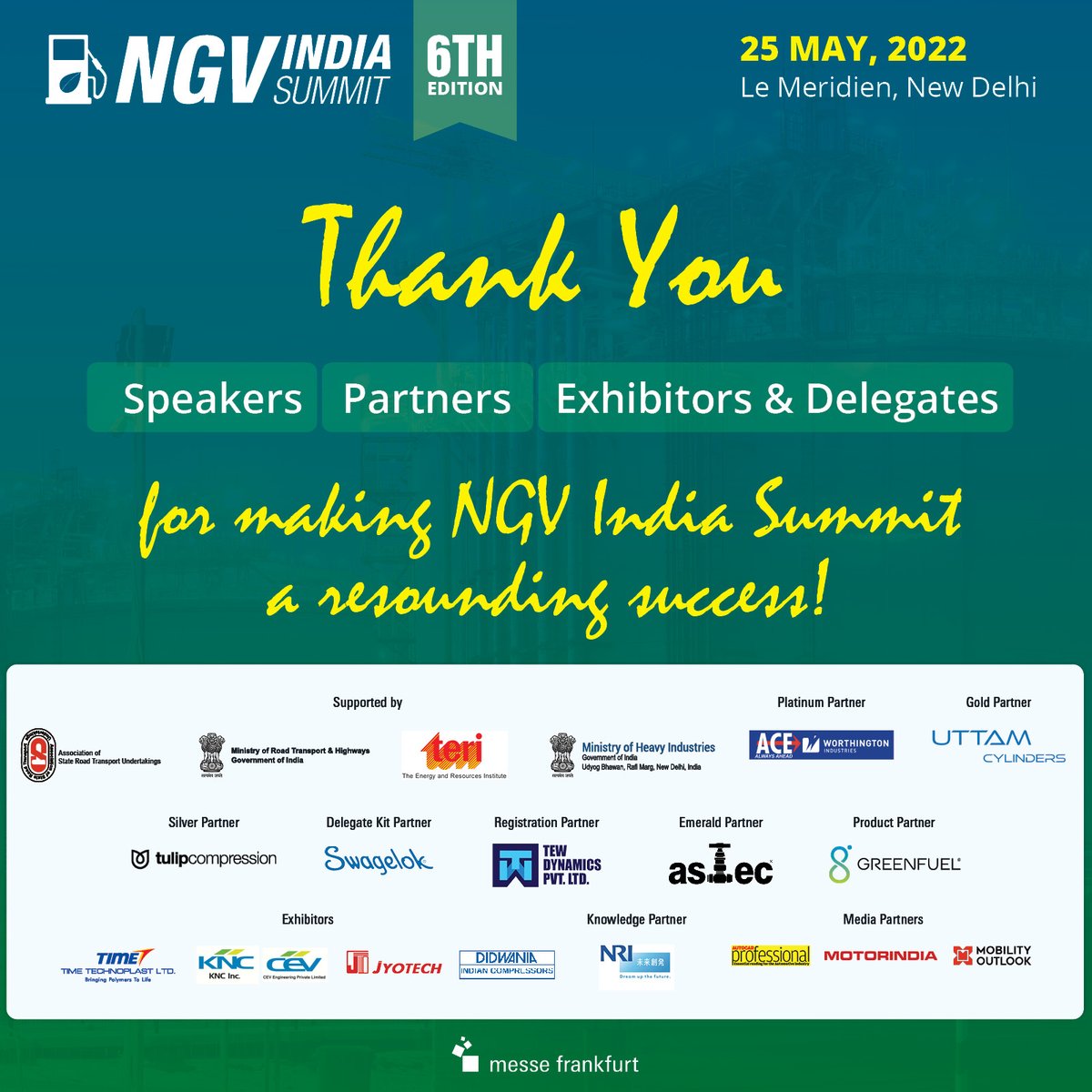 A big thank you to all our speakers, partners, exhibitors, and delegates for making the 6th edition of NGV India Summit a grand success!

See you at the next edition!

#NGVIndiaSummit2022 #naturalgas #cleanfuels #cng #automotivemobility