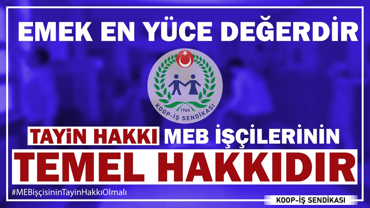 EMEK EN YÜCE DEĞERDİR! MEB işçileri okullarımız ve öğrencilerimiz için emek sarf ediyor. MEB işçilerinin de herkes gibi tayin hakları olmalıdır. Gelin bu haklı davanın gür sesi olalım! #MEBişçisininTayinHakkıOlmalı
<a href="/tcbestepe/">T.C. Cumhurbaşkanlığı</a> <a href="/tcmeb/">Millî Eğitim Bakanlığı</a> <a href="/HMBakanligi/">T.C. Hazine ve Maliye Bakanlığı</a> <a href="/vedatbilgn/">Vedat Bilgin</a> <a href="/csgbakanligi/">T.C. Çalışma ve Sosyal Güvenlik Bakanlığı</a>