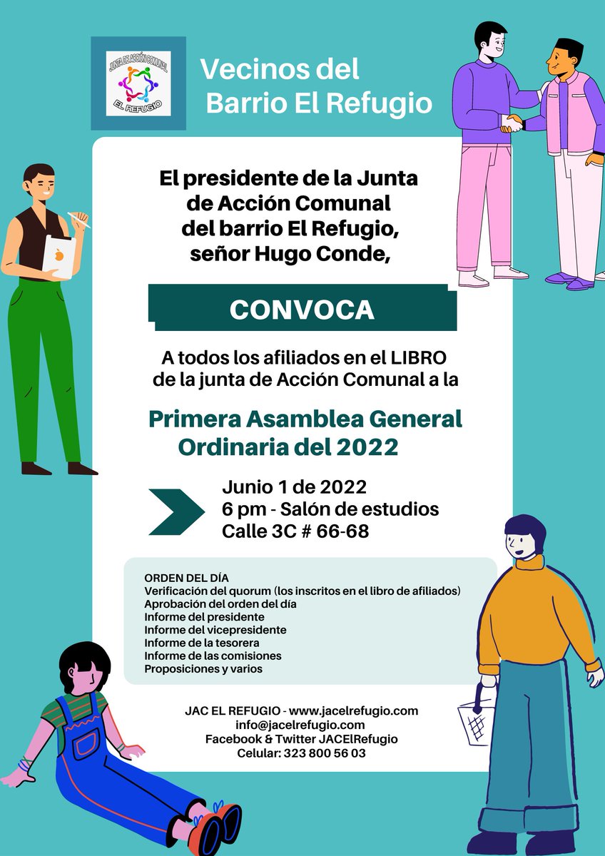 Atención: Convocatoria para la PRIMERA ASAMBLEA GENERAL ORDINARIA 2022
Junio 1 - 6:00 pm
Salón de estudios calle 3C #66-68 B/El Refugio
Para: afiliados en el libro de la Junta de Acción Comunal El Refugio.