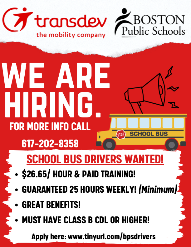 BostonSchools's tweet photo. Attn @CityOfBoston: Bus Drivers and Bus Monitors wanted! Join us in ensuring that all of @BostonSchools' youngest learners get to and from school safely each day. 🚌✨

More info in the below flyers: https://t.co/OaDPCQq70b