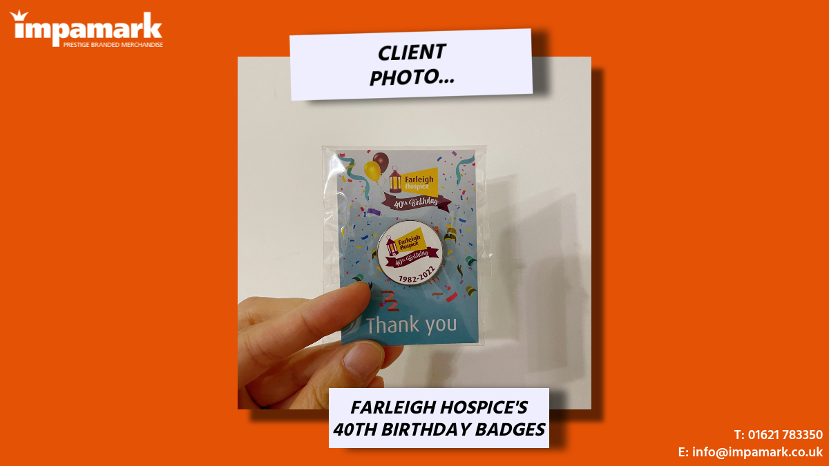 Impamark's tweet photo. It was an honour to supply @FarleighHospice with #brandedmerchandise for their #40th birthday this year!
One of the items we supplied are these #printed enamel metal #badges π
Need #anniversarymerchandise? Contact us!
#ClientPhoto
π 01621 783550
π© info@impamark.co.uk https://t.co/gFCEsIcuy4