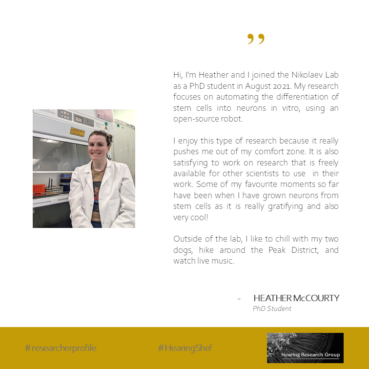 HearingShef's tweet photo. For this week's #MeetHearingShef we have Heather! A new PhD student in the Nikolaev lab
#researcherprofile
#HearingShef https://t.co/2jlqfhoaHd