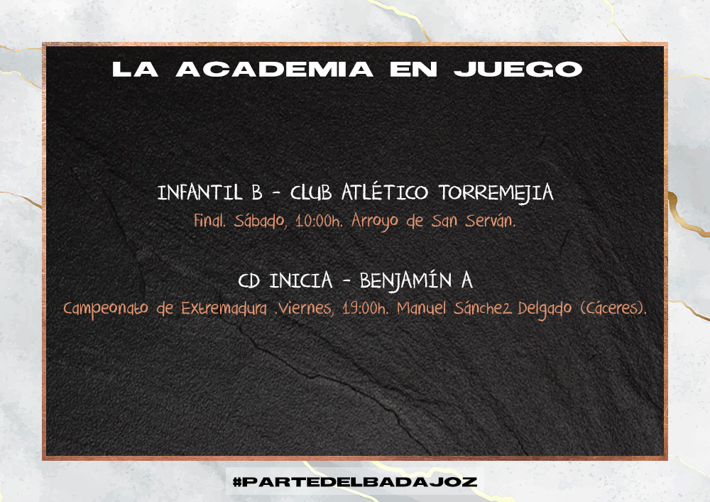 CDBLaAcademia's tweet photo. ⚽️La Academia en juego🏃♂️El Infantil 'B' se juega el ascenso y el Benjamín 'A' pasar a la final del Campeonato de Extremadura.
#LaAcademiaEnJuego #ParteDelBadajoz https://t.co/hDaHUxGCit