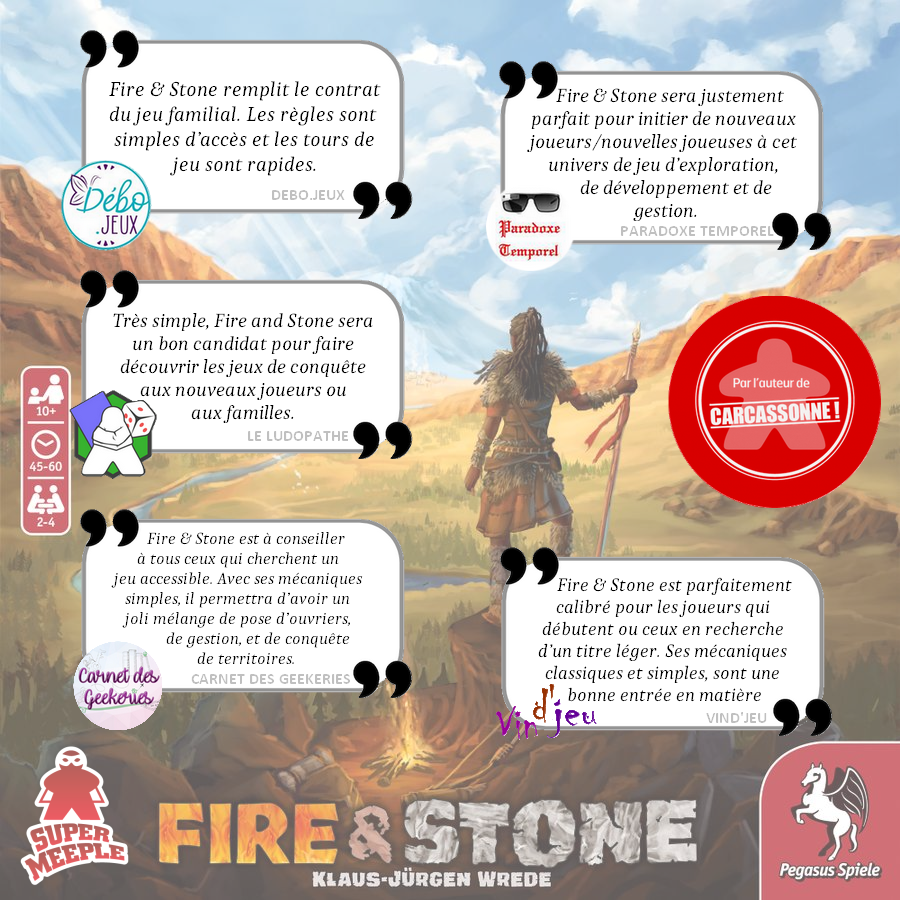 SuperMeeple's tweet photo. 🔥 J-6 avant la sortie de Fire &amp; Stone 

Avant de retrouver le nouveau jeu de Klaus-Jürgen Wrede, auteur du célèbre Carcassonne en boutiques,  on vous propose de retrouver quelques avis de reviewers !

Alors prêts à explorer et construire vos huttes ?

#j2s #boardgames #bgg https://t.co/5a8FqY5uUN