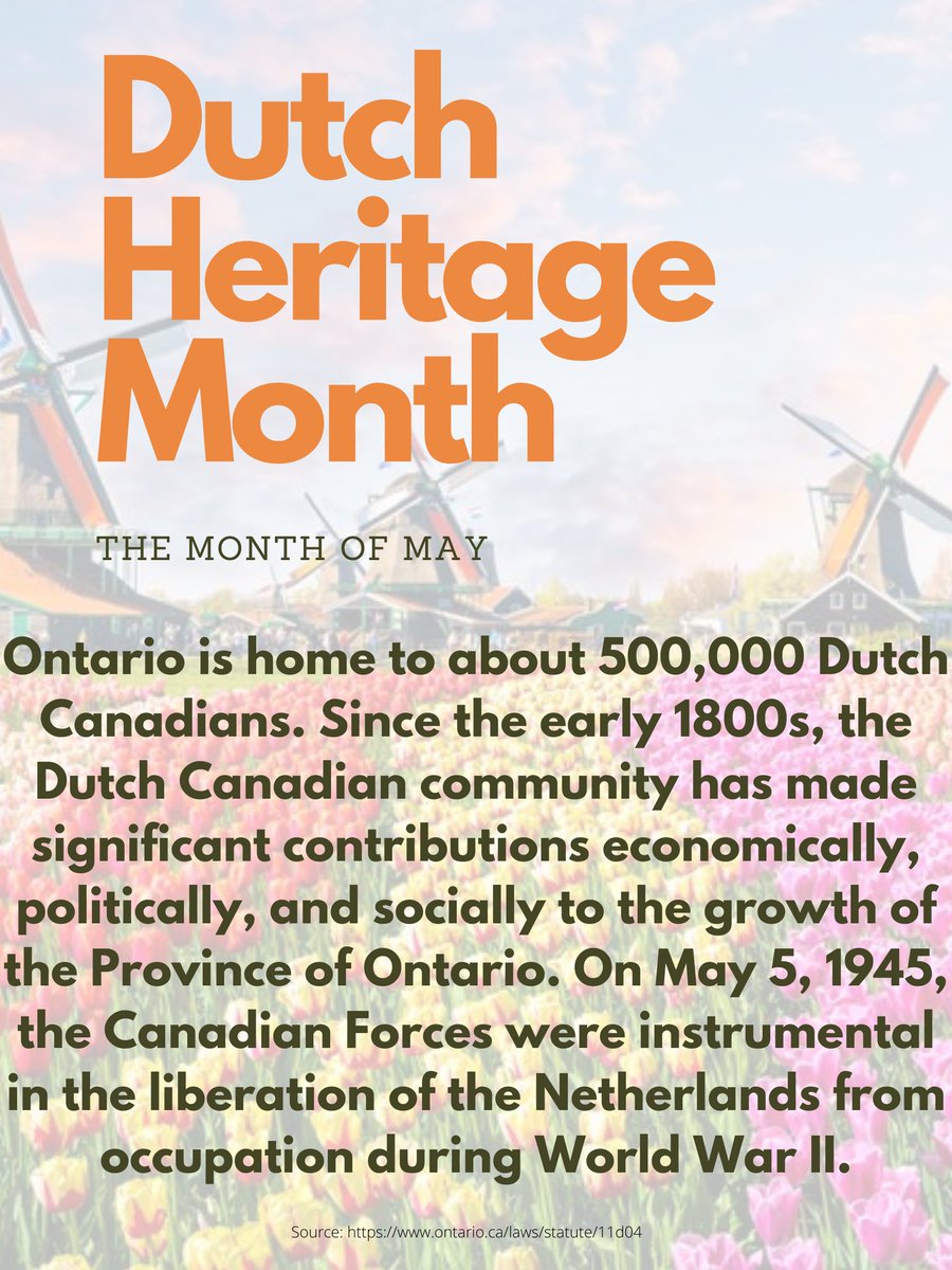 Ontario is home to about 500,000 Dutch Canadians! Canada shares a special relationship with the Netherlands because on May 5, 1945 the Canadian Forces were key in the liberation of the Netherlands from occupation during World War II.

<a href="/KellyKlalonde/">Kelly Lalonde</a> <a href="/bmillsap8/">Brent Millsap</a> <a href="/mrsashleyhilli1/">ahillier</a>