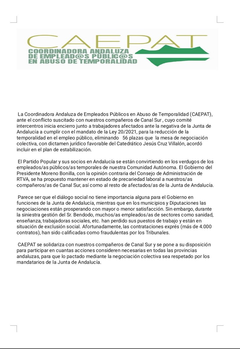 CAEPAT's tweet photo. ✅ CAEPAT emite un comunicado de apoyo al personal en abuso de temporalidad de @canalsur 
El Gobierno en funciones de @JuanMa_Moreno precariedad y fraude de ley en la contratación. 
@ppandaluz
@SPA_RTVA 

#FijezaYa https://t.co/aiHOxw75xO