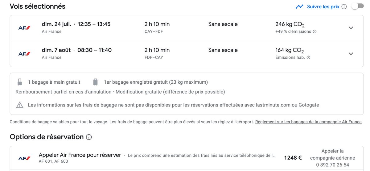 Tlechatvega's tweet photo. Les tarifs pratiqués par @AirFranceFR entre la Guyane et les Antilles dépassent désormais l'entendement. 

1248€ pour un vol domestique de 2h !

L'autorité de la concurrence doit se pencher sur la structuration des prix pratiqués.

#égalité #viechère #outremer 

1/2 https://t.co/H08YvhwKks