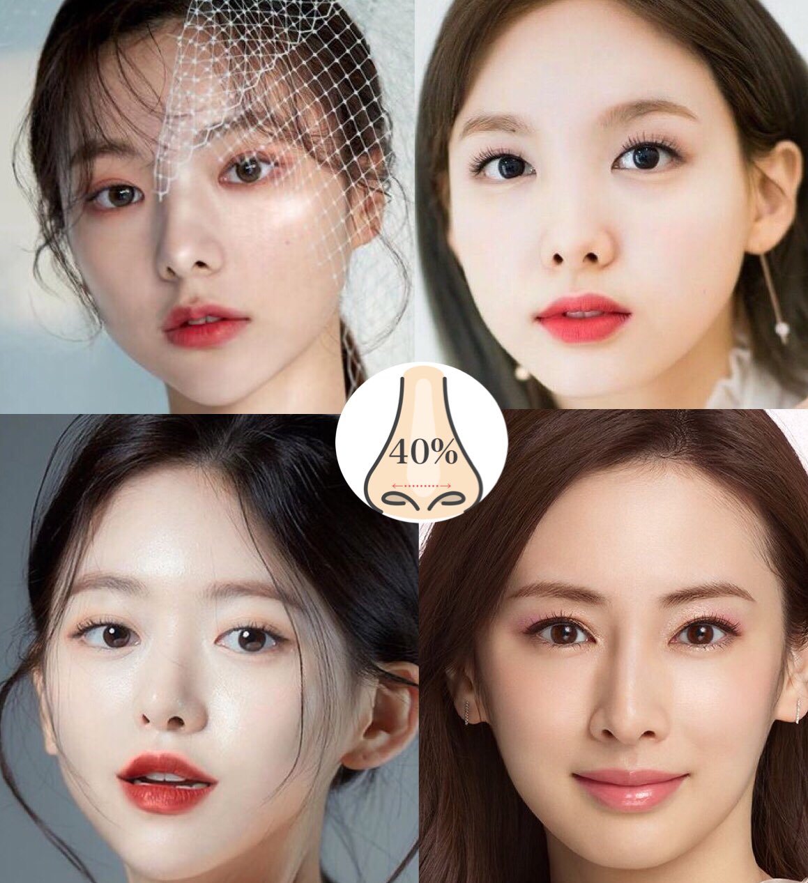 鼻整形の窓口 鼻翼縮小 小鼻縮小 鼻尖縮小 鼻尖形成 鼻中隔延長 プロテーゼ 二重整形 目頭切開 鼻翼幅に対する鼻尖幅の比較 40 世界線 鼻先が細い印象 一歩誤るとあぐら鼻に 50 世界線 忘れ鼻に多い メイクで印象変わりがち 60