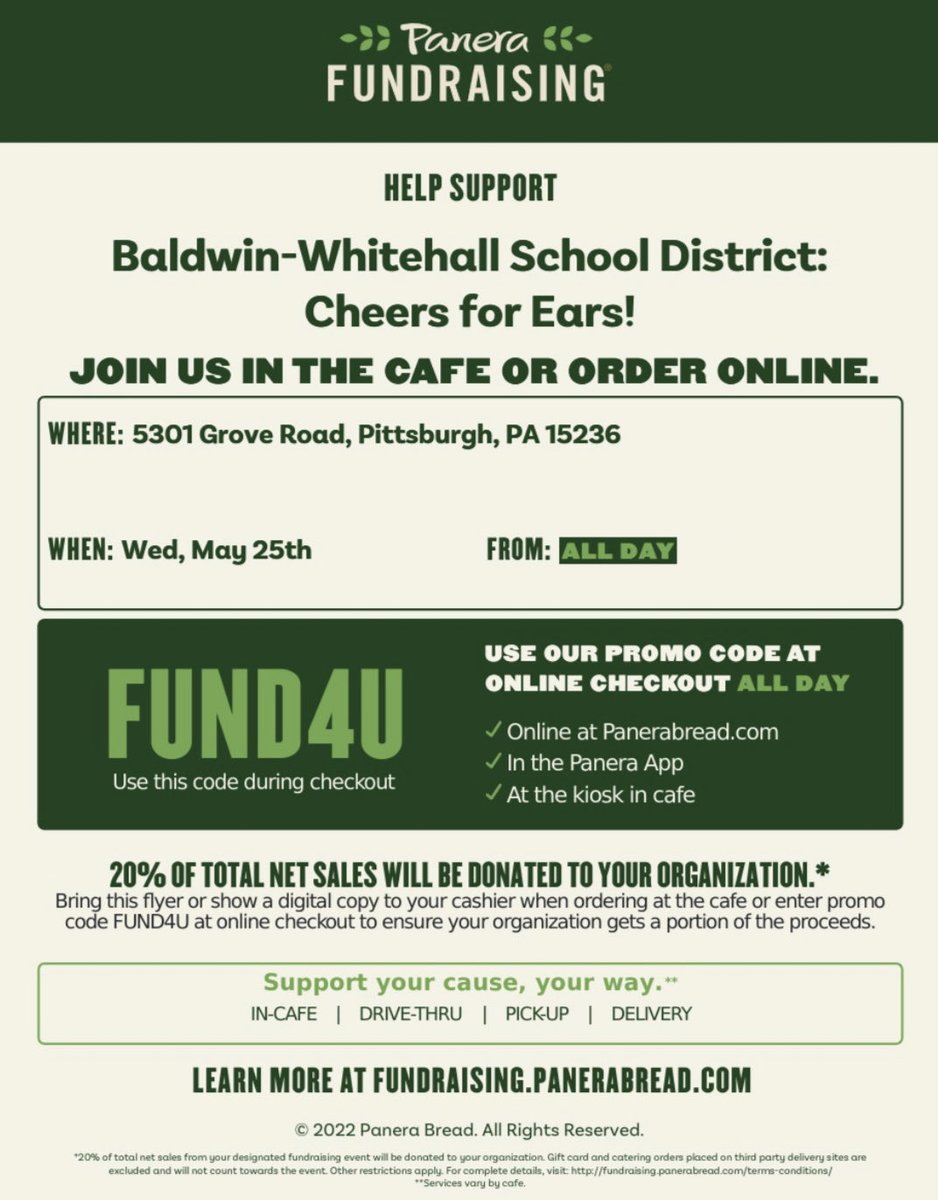 Cheers for Ears fundraiser at Panera Bread in Caste Village today! 20% of sales using the promo code or showing this flier will go towards Children’s Hospital of Pittsburgh Hearing Center! 🎉👂🦻