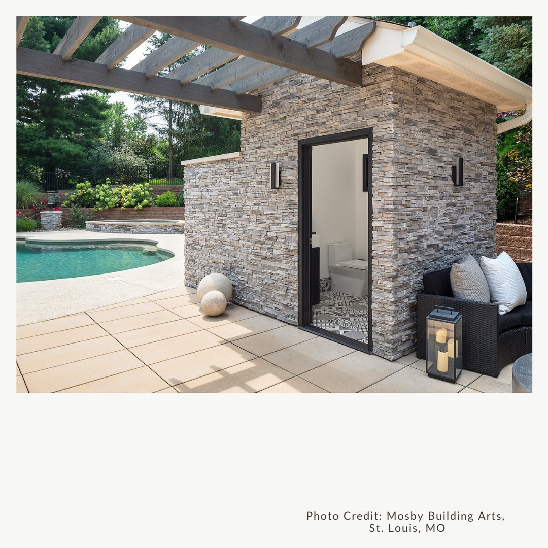 It’s National Home Remodeling Month, Sponsored by Westlake Royal Building Products. This week, we are featuring photos of outdoor space remodels. Designers added a small bathroom to this homeowner’s pool area for convenience. nahb.org/remodelingmonth