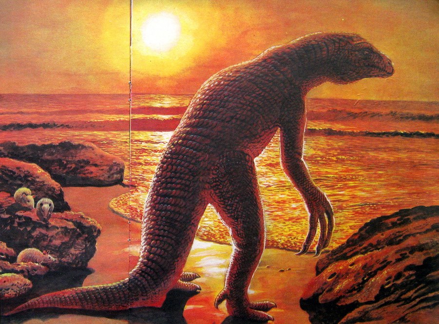 TomHoltzPaleo's tweet image. As mentioned earlier, the position of Deinocheirus in the dinosaur family tree was uncertain. The default was that it was some weird long-armed predatory form, as shown in this speculative illustration by Varshamov in 1977. 5/
