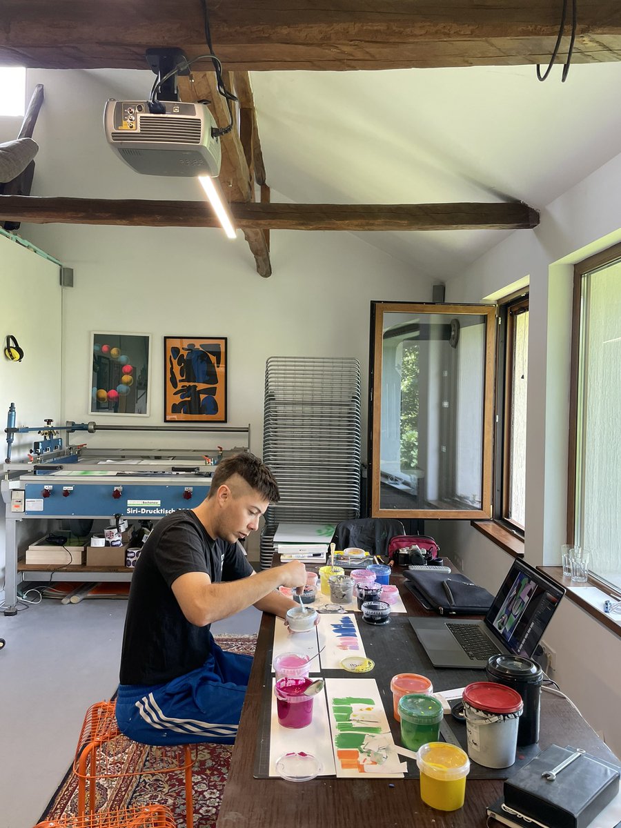 Rivadeneira___'s tweet image. Studio production in Bulgaria. Spending this week producing at #nopoint atelier during my art residency. Dropping a new print next week. 
#art #collect #artist #screenprint #abstract #travel #nature #letsgo #movement #nft #artista #digital #contemporaryart #NFTfamily #3d