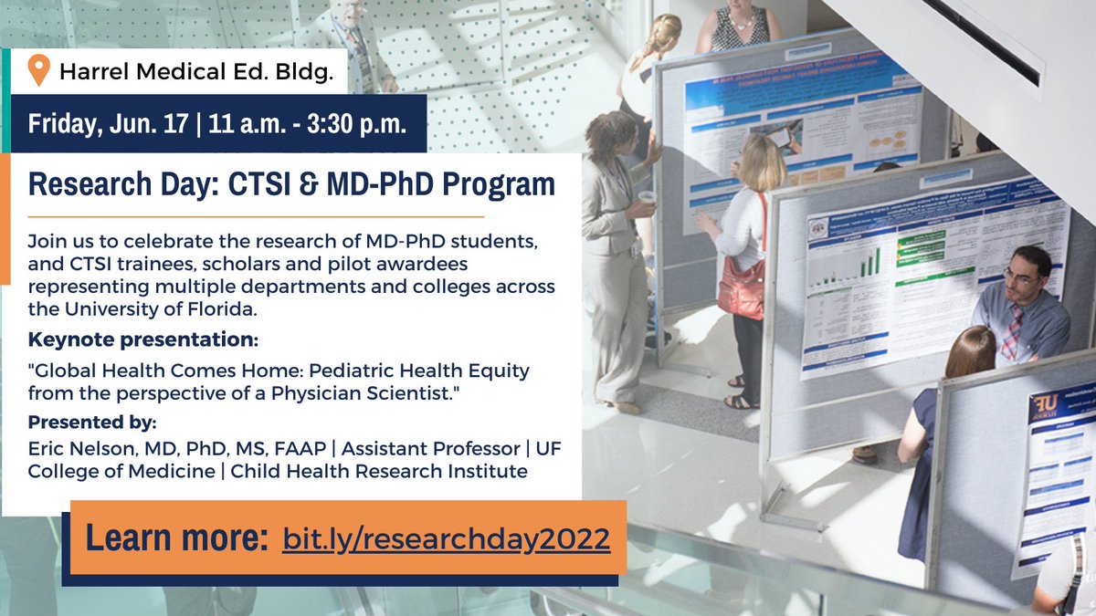 Don't miss our upcoming Research Day, featuring the a keynote presentation on pediatric health equity and global health and the latest in clinical research from our scholars, awardees and @UFMDPhD students. Learn more & register: bit.ly/researchday2022