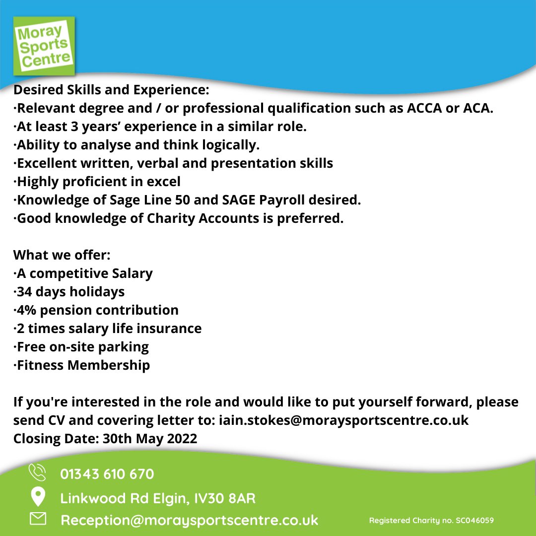 Moray Sports Centre (@moraysports) on Twitter photo πΉExciting Opportunity Available!πΉ
If you're interested in the role and would like to put yourself forward, please send CV and covering letter to:
π§ iain.stokes@moraysportscentre.co.uk
πClosing Date: 30th May 2022 πΉExciting Opportunity Available!πΉ
If you're interested in the role and would like to put yourself forward, please send CV and covering letter to:
π§ iain.stokes@moraysportscentre.co.uk
πClosing Date: 30th May 2022