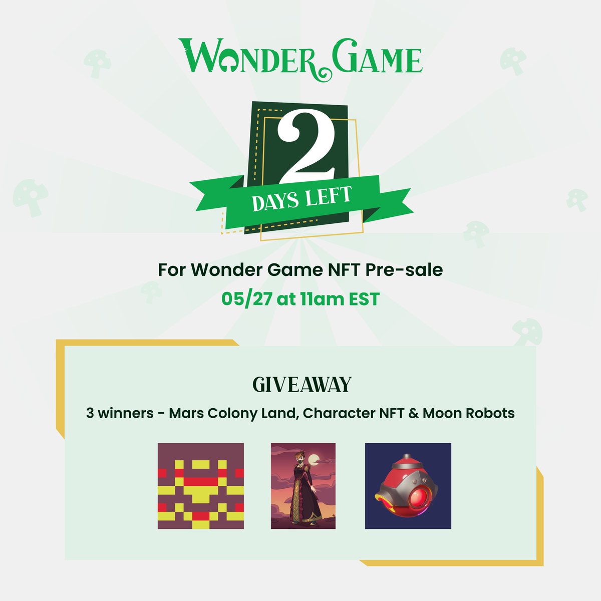 ✨NFT Giveaway✨ 
3 winners - Character NFT, Moon Robots Egg NFT, and Mars Colony Land NFT

1. Follow <a href="/wonderdotgame/">Wonder Game 🍄</a>
2. ♥️ the Tweet
3. Join discord.gg/wonderdotgame
4. Tag 3 friends