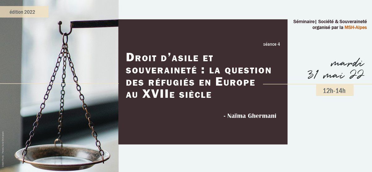 MSH_A's tweet photo. 📆Le séminaire #Société et #Souveraineté revient mardi 31 mai à 12h avec Naïma Ghermani, MdC Histoire moderne @UGA, #LUHCIE, @ICMigrations
💬 Droit d'asile et souveraineté : la question des réfugiés en Europe au XVIIe siècle
📍 @MSH_A & visioconférence
ℹ️ https://t.co/M4yCOOGWGe https://t.co/l5SikbWRLK