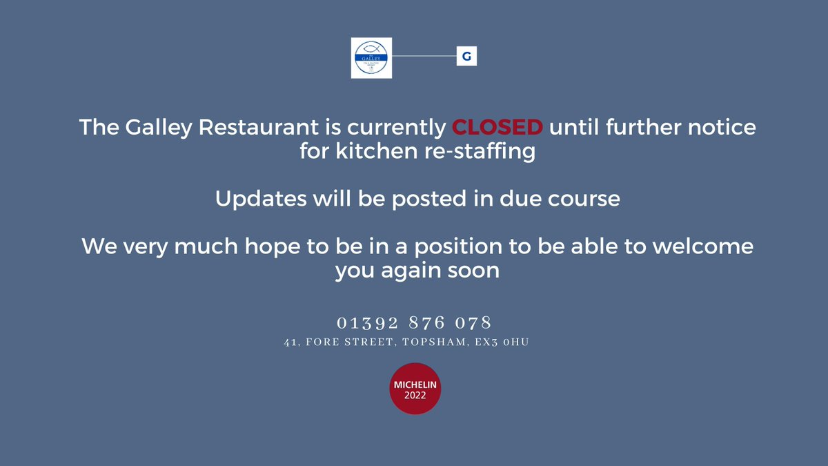 The Galley Restaurant is currently closed until further notice for kitchen re-staffing
Updates will be posted in due course
We very much hope to be in a position to be able to welcome you again soon
#recruitingnow #topsham #temporaryclosed #weneedyou