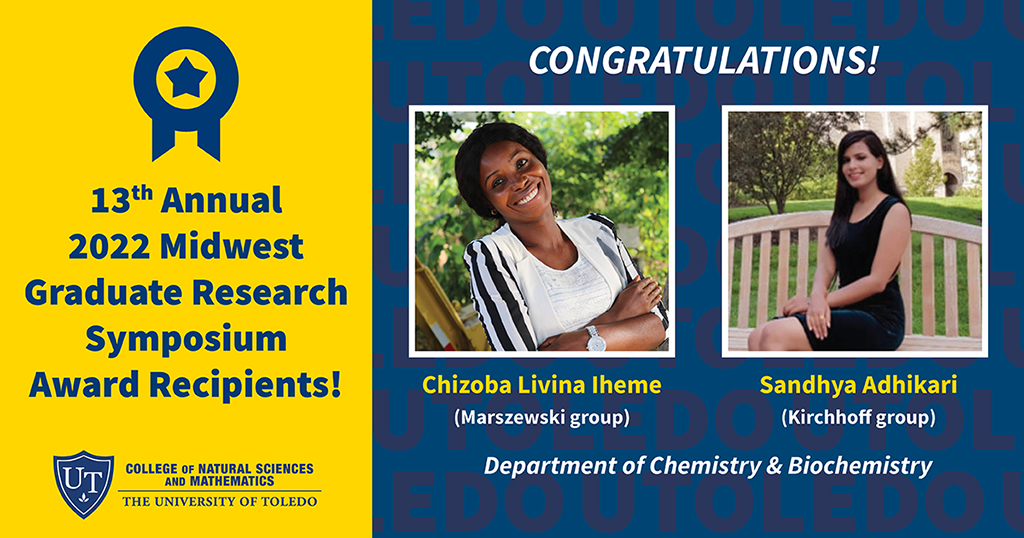 UToledo_NSM's tweet image. Congrats to Livina Iheme (2nd place) &amp;amp; Sandhya Adhikari (3rd place) @UToledo @ChemistryToledo for receiving poster presentation awards at the 13th Annual Midwest Graduate Research Symposium! @utoledogsa #UToledoNSM #UToledoGSA #UToledoRocketScience #UToledo